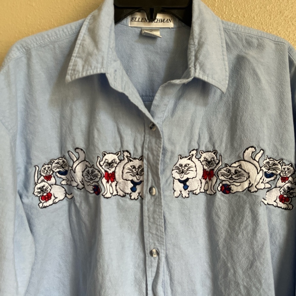 Vintage Ellen Richman Chambray Women’s XL Embroidered Cat Long Sleeve